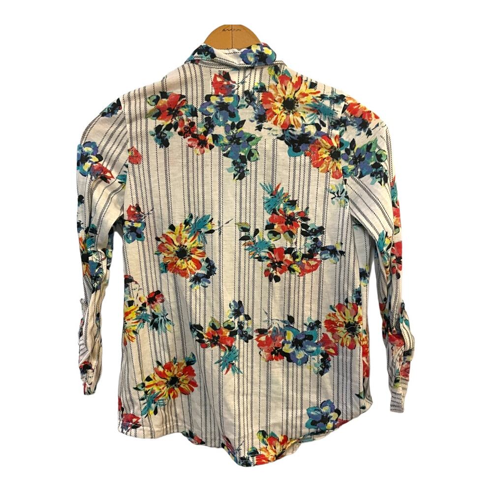 French Laundry Striped Floral Spring Ivory Button Front Long Sleeve Top Small - Picture 7 of 13